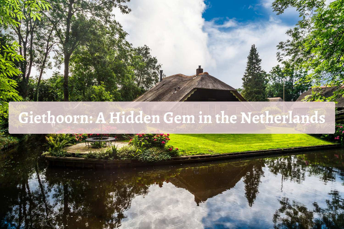 Thatched-roof cottage in Giethoorn, Netherlands, surrounded by green trees and a calm canal reflecting the sky—capturing the peaceful charm of this hidden gem village.