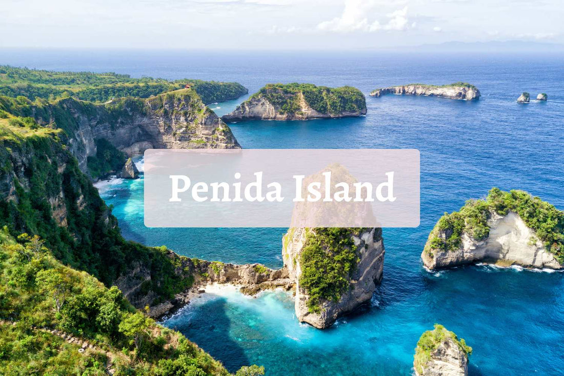 Aerial view of Penida Island’s dramatic cliffs, turquoise waters, and lush greenery in Bali, Indonesia, with text overlay reading “Penida Island”—a dreamy travel destination visual.