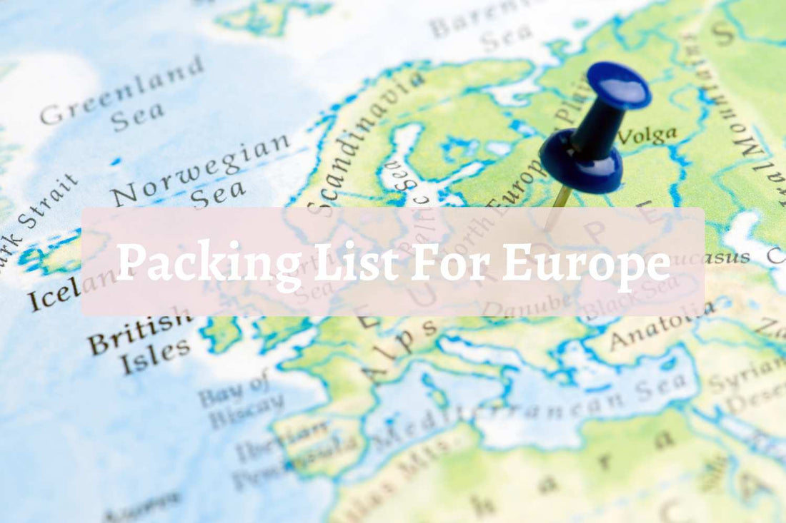 Map of Europe with a blue pushpin marking a location, overlaid with the text “Packing List For Europe”—a visual for travel planning and packing tips.