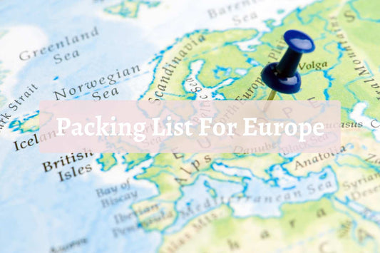 Map of Europe with a blue pushpin marking a location, overlaid with the text “Packing List For Europe”—a visual for travel planning and packing tips.