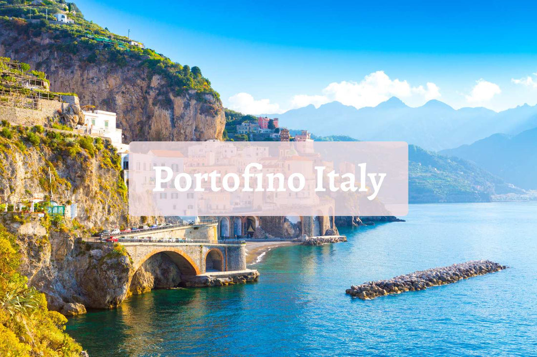 Bright coastal view of Portofino, Italy with colorful cliffside buildings, sparkling blue water, and arched bridges—overlay text reads “Portofino Italy,” perfect for a dreamy European getaway post.